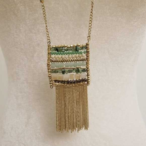 INC INTERNATIONAL CONCEPTS Beaded Square Tassel Necklace, Green/Gold - Picture 2 of 4